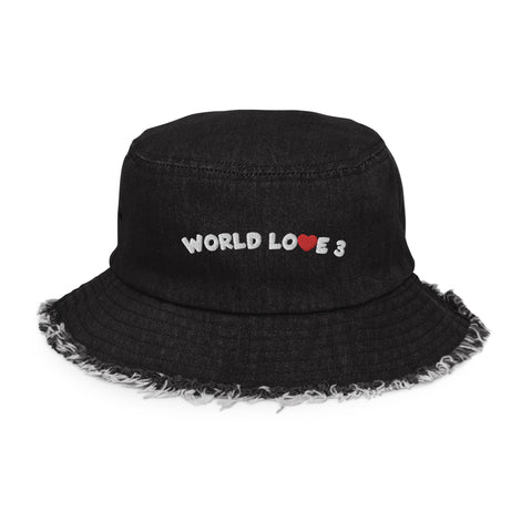 World Love 3 Distressed denim bucket hat